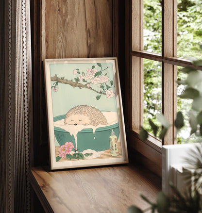Hedgehog in Bathtub Print: Japanese Ukiyo-e Style Bathroom Art