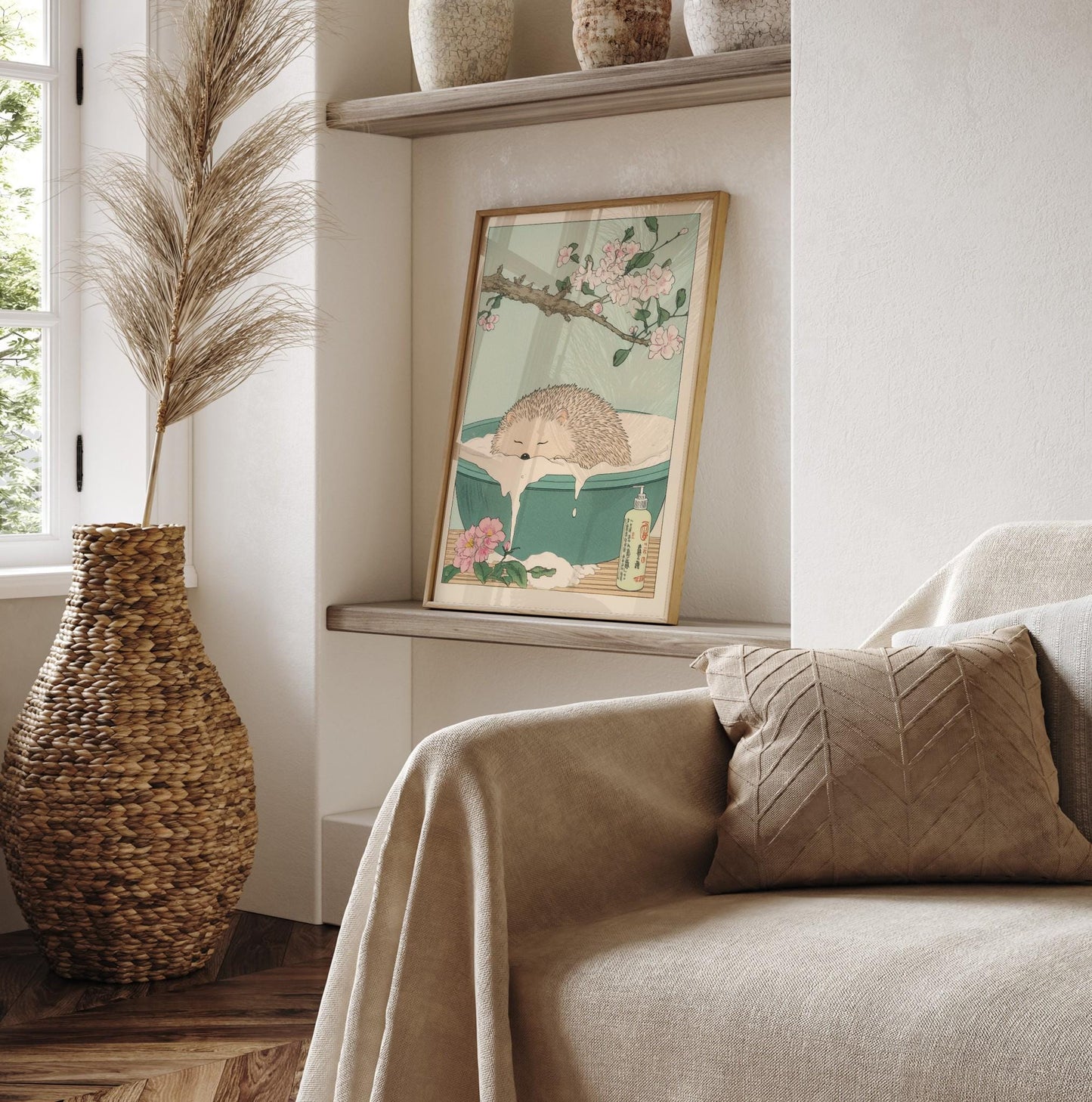 Hedgehog in Bathtub Print: Japanese Ukiyo-e Style Bathroom Art
