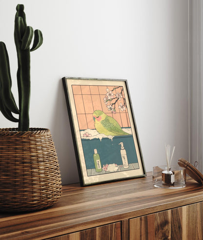 Parakeet in Bathtub Ukiyo-e Print: Funny Bird, Japandi Art