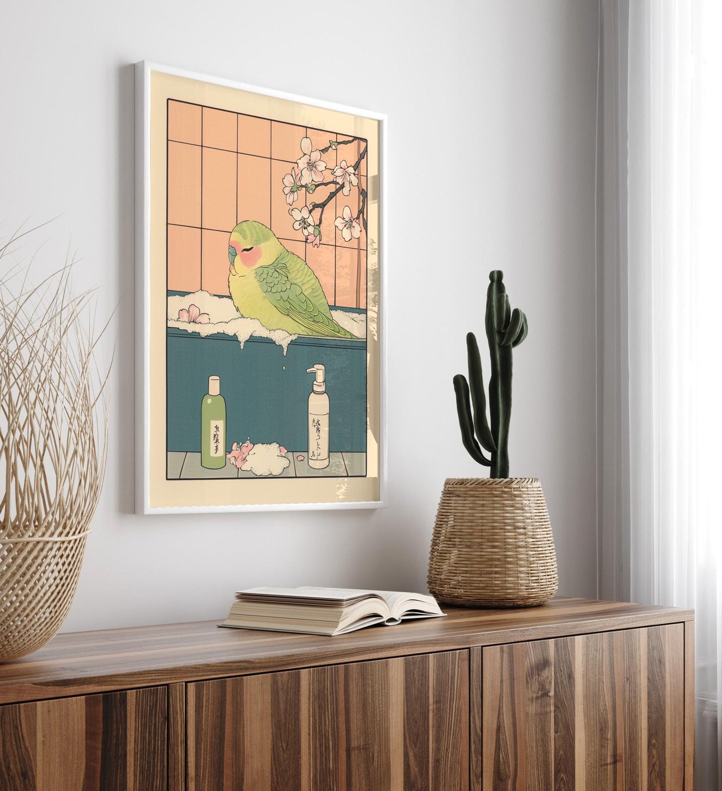 Parakeet in Bathtub Ukiyo-e Print: Funny Bird, Japandi Art