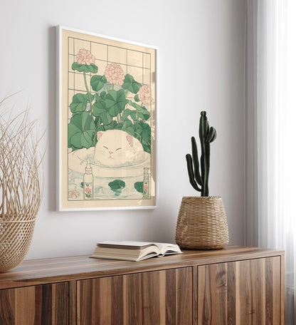 Cute white cat in a bathtub, Japanese bathroom print, Japan funny poster, Cat wall art, Aesthetic minimalism, Japandi wall art