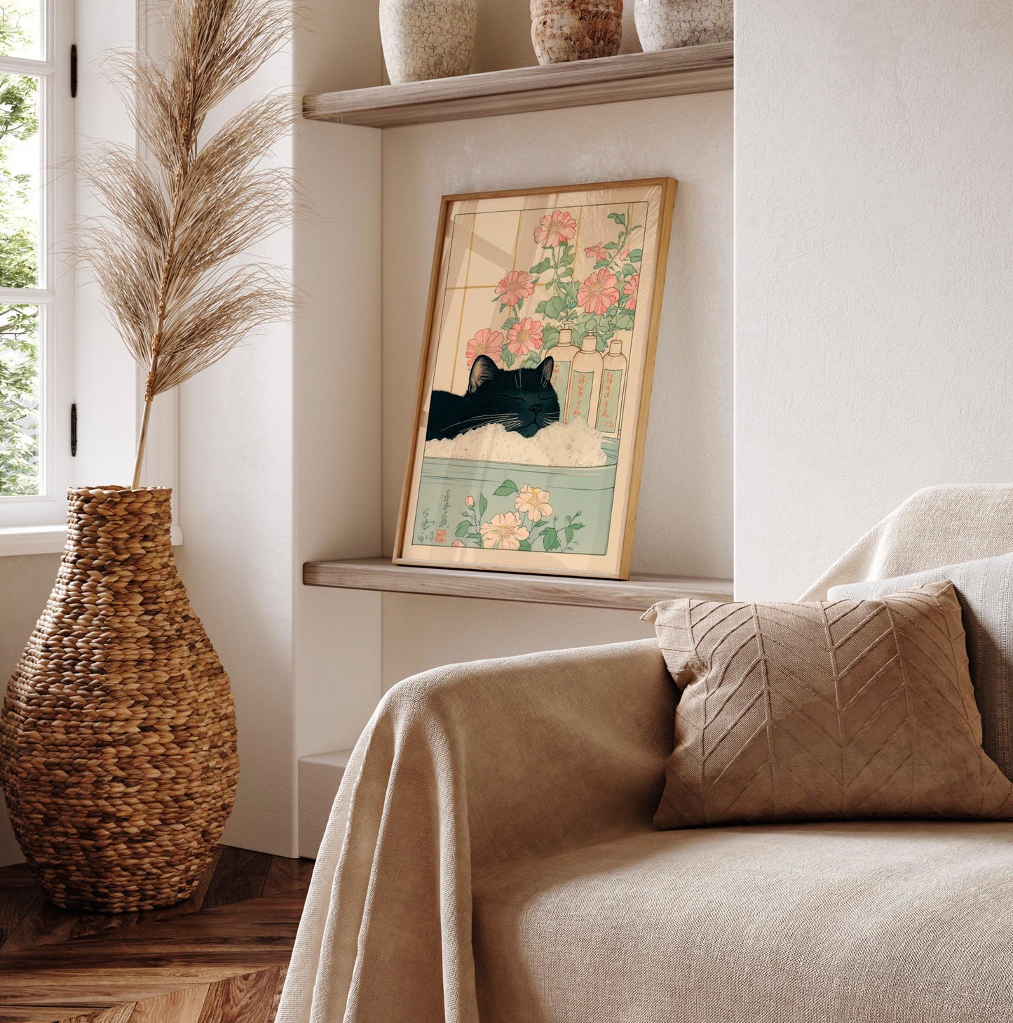Black Cat in Bathtub: Japanese Bathroom Print, Minimalist Wall Art
