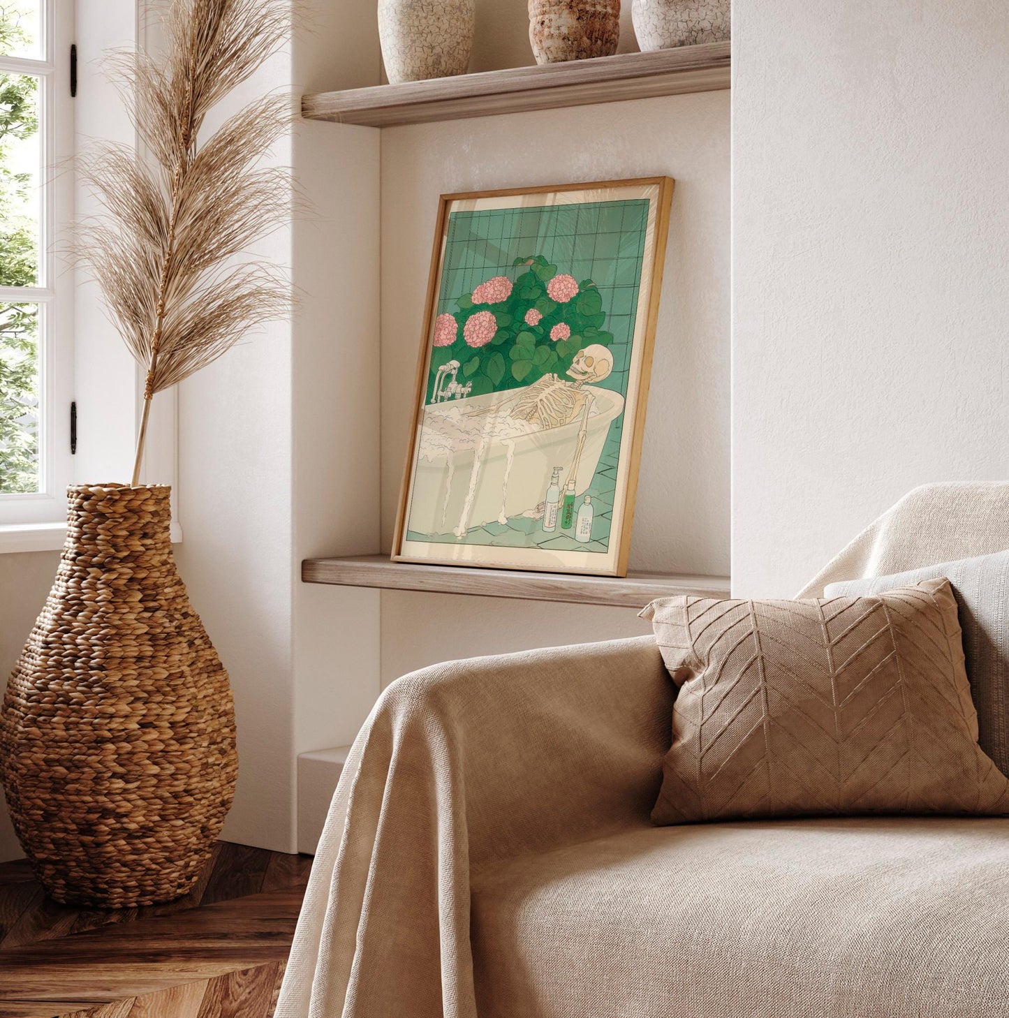 Skeleton in Bath: Funny Bathroom Art in Japanese Style