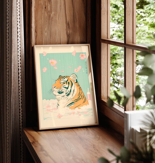 Ukiyo-e Tiger in Bathtub Print: Japanese Bathroom Wall Art