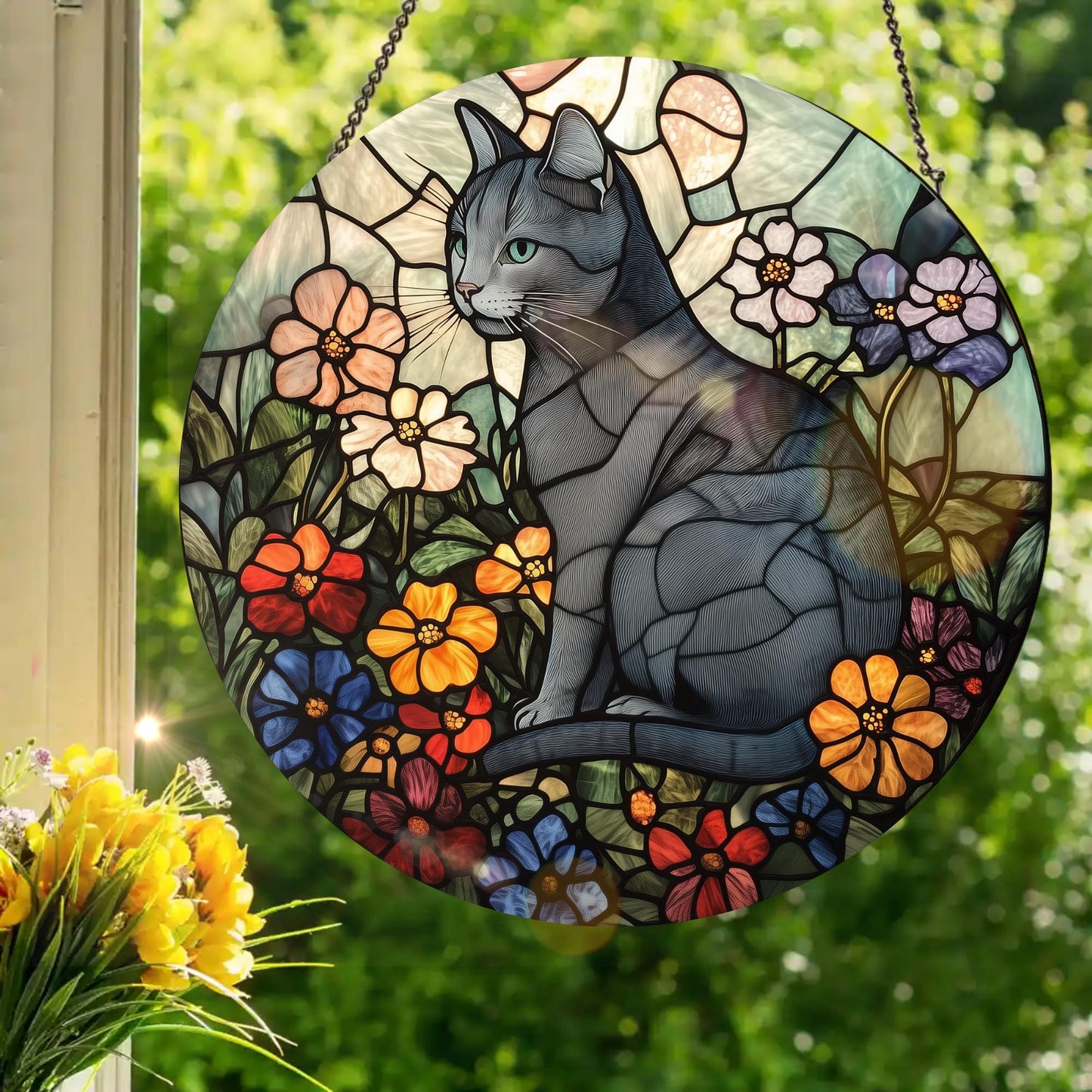 Russian Blue Cat: Stained Glass Style Window Hanging