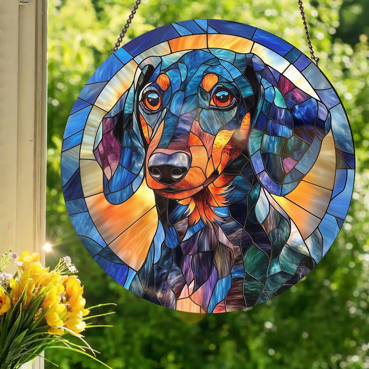 Blue Merle Daschund: Stained Glass Style Window Hanging