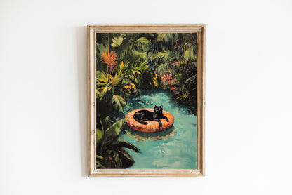 Black Cat Art Print: Tropical Pool, Quirky Home Decor