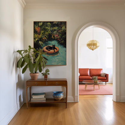 Black Cat Art Print: Tropical Pool, Quirky Home Decor