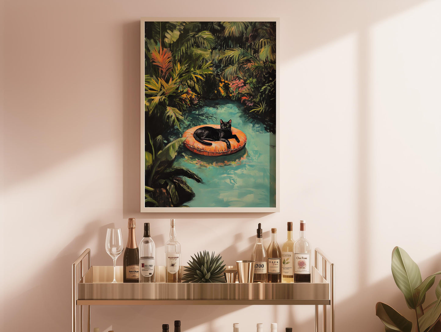Black Cat Art Print: Tropical Pool, Quirky Home Decor
