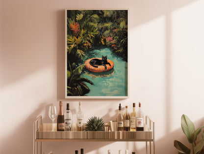 Black Cat Art Print: Tropical Pool, Quirky Home Decor