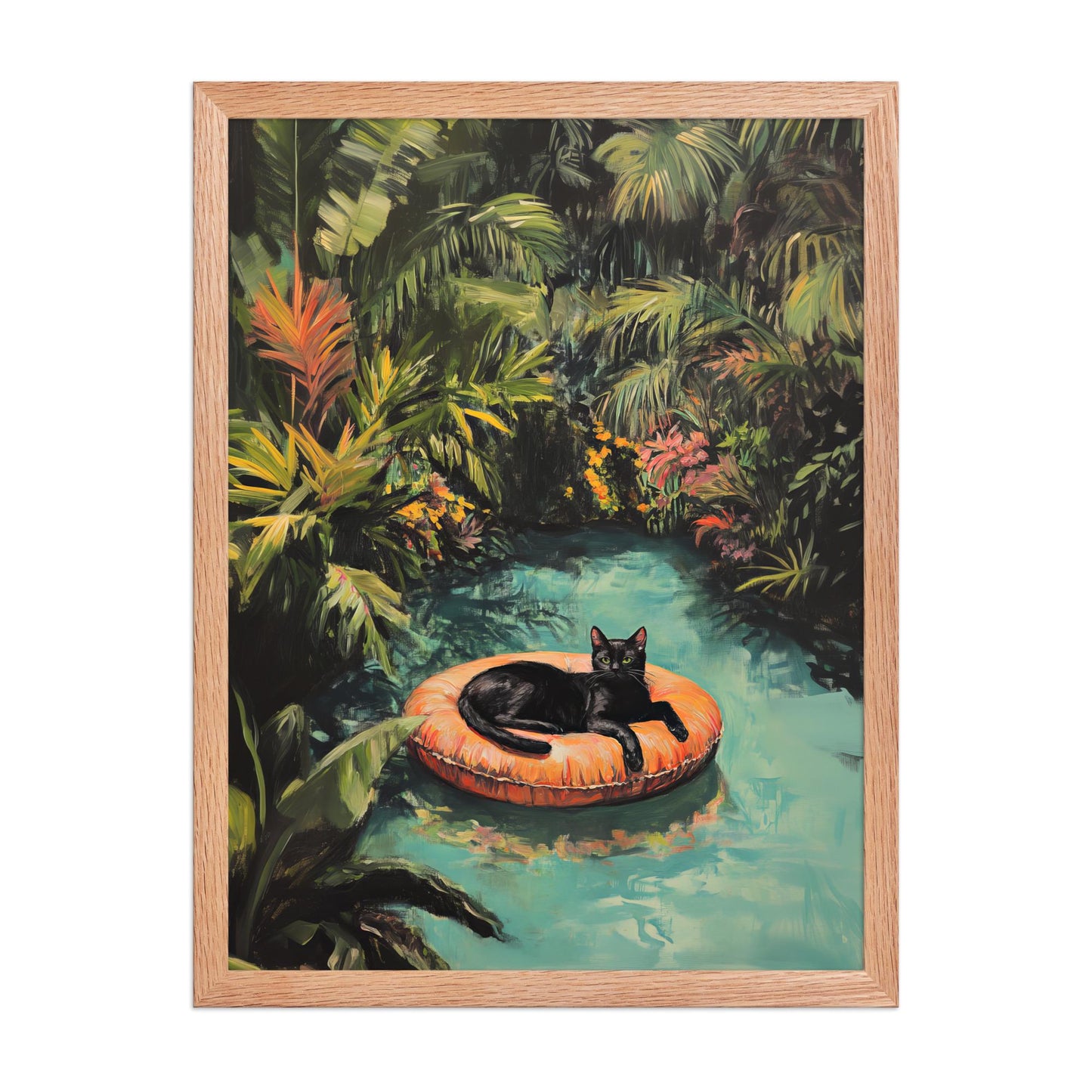 Black Cat Art Print: Tropical Pool, Quirky Home Decor