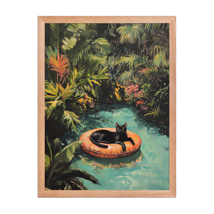 Black Cat Art Print: Tropical Pool, Quirky Home Decor