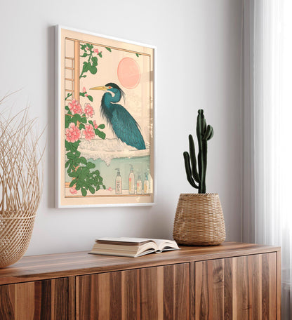 Ukiyo-e Heron in Bathtub Print: Japanese Bird Art, Minimalist Home Decor