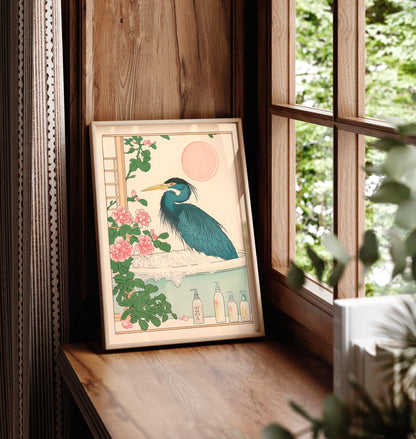 Ukiyo-e Heron in Bathtub Print: Japanese Bird Art, Minimalist Home Decor