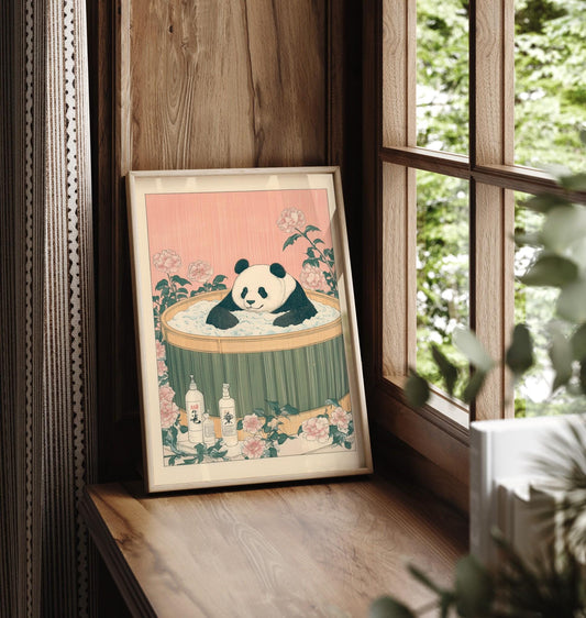 Panda Bathtub Print: Japanese Ukiyo-e Style Animal Art