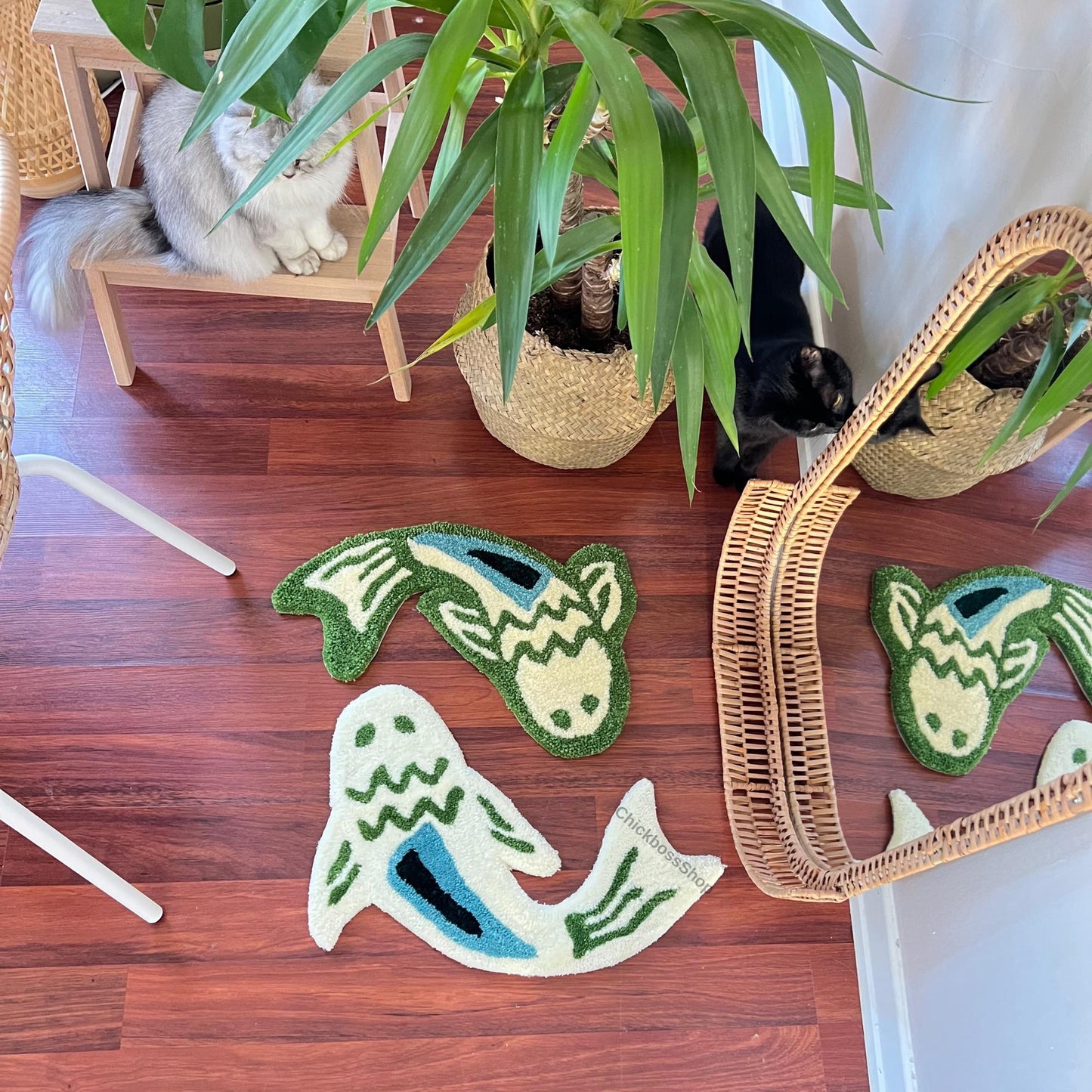 Handmade Koi Fish Rug: Green & Blue Yin Yang Design