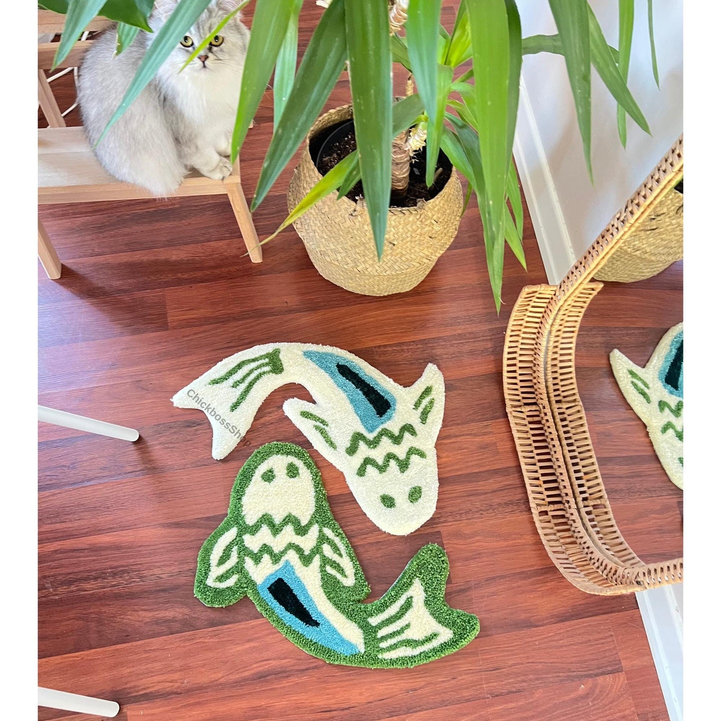 Handmade Koi Fish Rug: Green & Blue Yin Yang Design