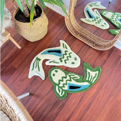 Handmade Koi Fish Rug: Green & Blue Yin Yang Design