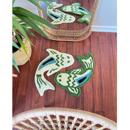 Handmade Koi Fish Rug: Green & Blue Yin Yang Design