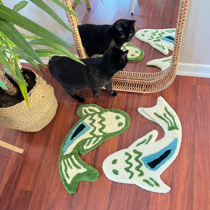 Handmade Koi Fish Rug: Green & Blue Yin Yang Design