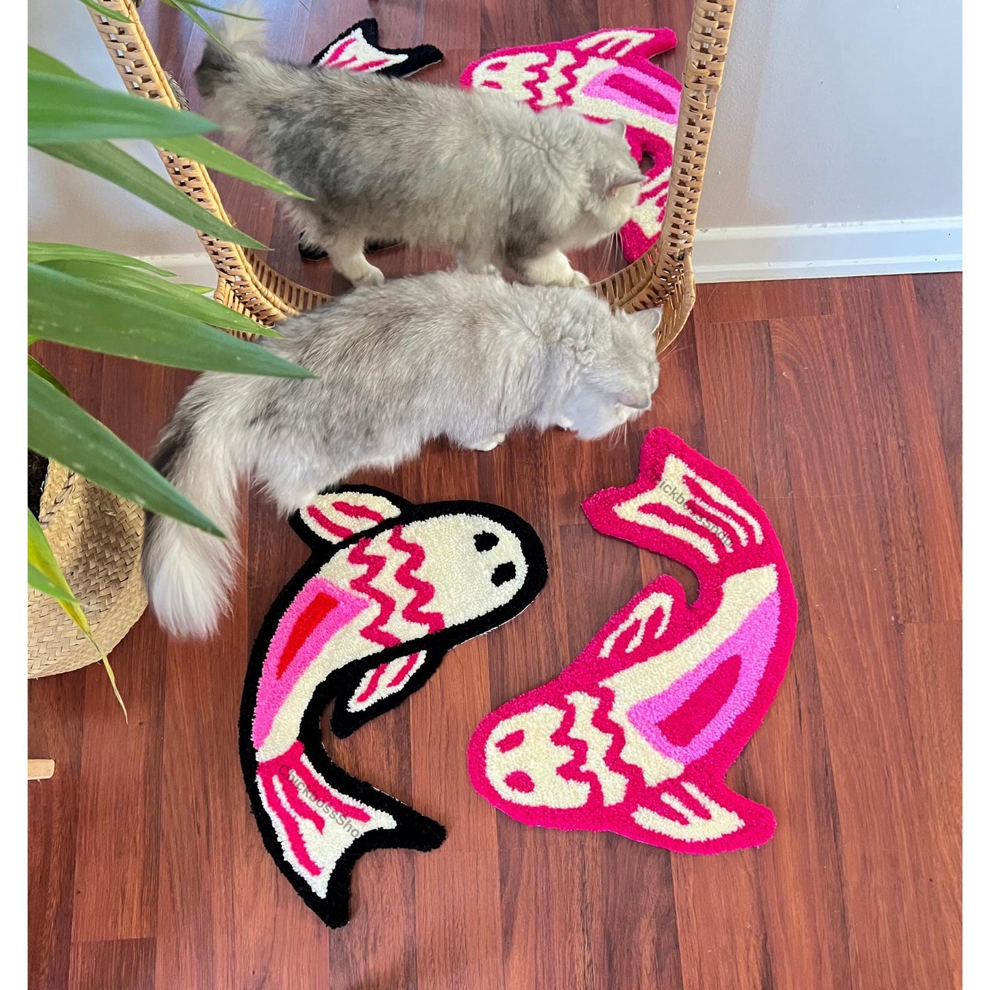 Handmade Pink Koi Fish Rug: Yin Yang Acrylic Accent Rug