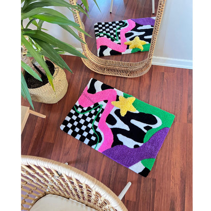 Abstract Checkered Tufted Rug: Colorful Wavy Handmade Decor