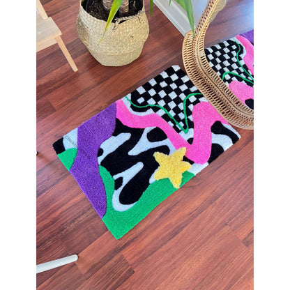 Abstract Checkered Tufted Rug: Colorful Wavy Handmade Decor