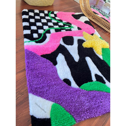 Abstract Checkered Tufted Rug: Colorful Wavy Handmade Decor