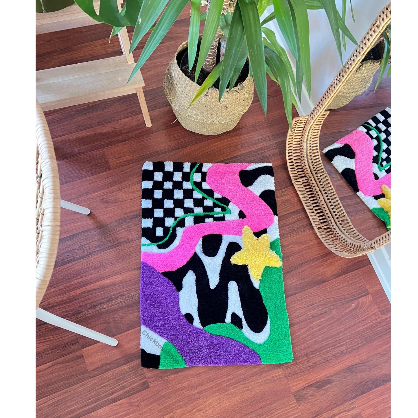 Abstract Checkered Tufted Rug: Colorful Wavy Handmade Decor