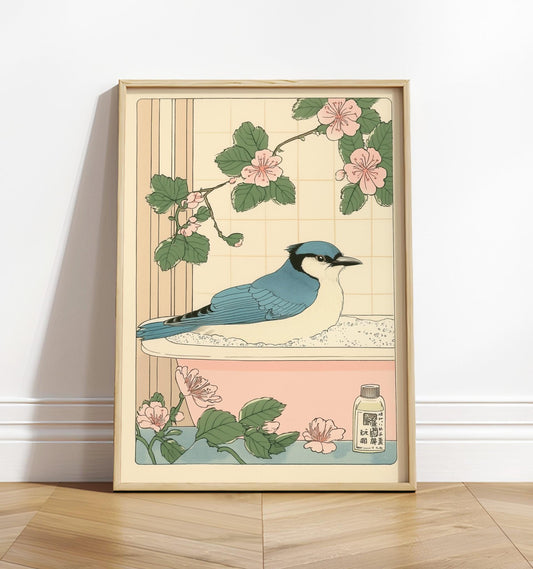 Blue Jay in Bathtub Print: Japanese Bathroom Art