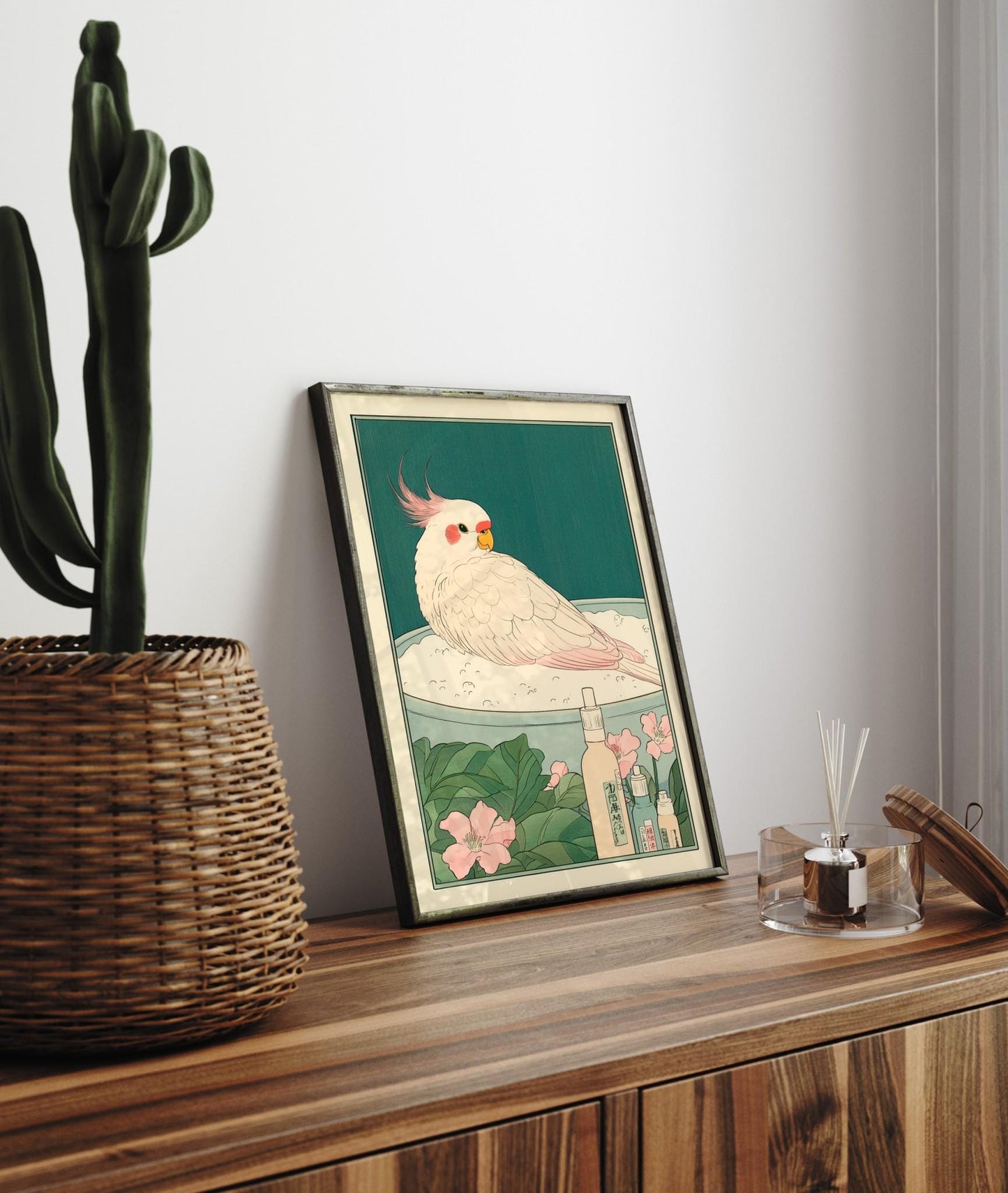 Cute cockatiel in bathtub, Funny bathroom print, Japanese art print, Ukiyo-e wall art, Bird art print, Aesthetic bathroom decor