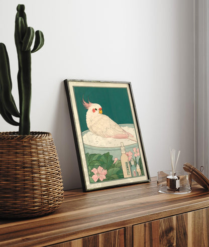 Cute cockatiel in bathtub, Funny bathroom print, Japanese art print, Ukiyo-e wall art, Bird art print, Aesthetic bathroom decor