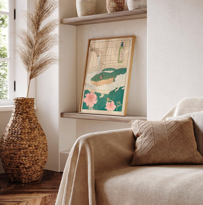 Ukiyo-e Snake Print: Green Serpent in Bathtub, Japanese Bathroom Art