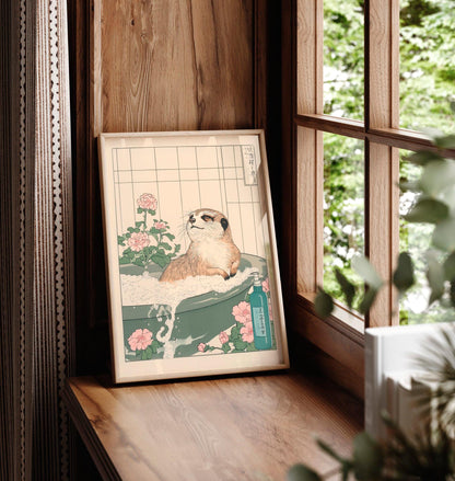 Meerkat in Bathtub Print: Funny Ukiyo-e Japanese Bathroom Art