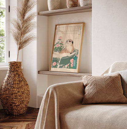 Meerkat in Bathtub Print: Funny Ukiyo-e Japanese Bathroom Art