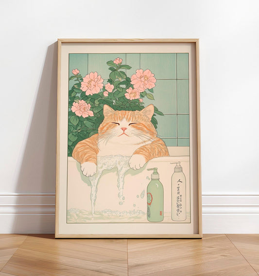 Ukiyo-e Cat Print: Funny Ginger Cat in Bathtub, Japanese Art