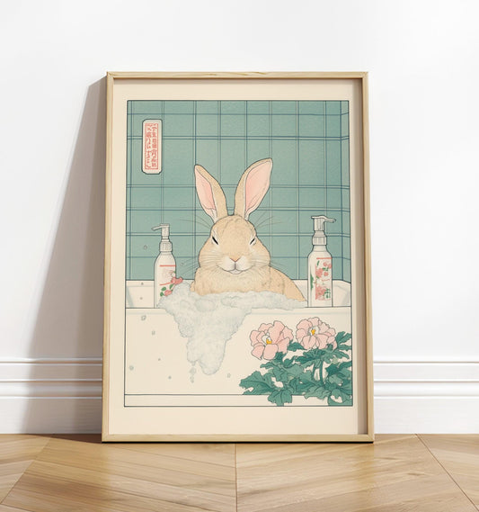 Ukiyo-e Bunny Print: Funny Rabbit in Bathtub, Japanese Art