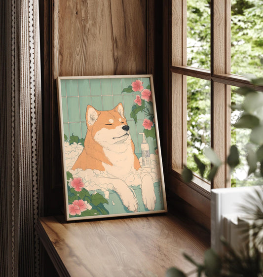 Akita Inu Bathroom Print: Funny Dog in Bathtub in Japanese Style