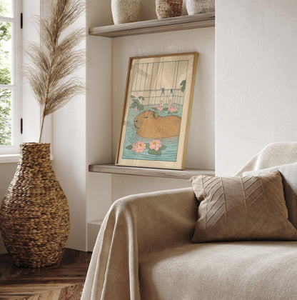 Capybara Bath Print: Japanese Ukiyo-e Animal Art