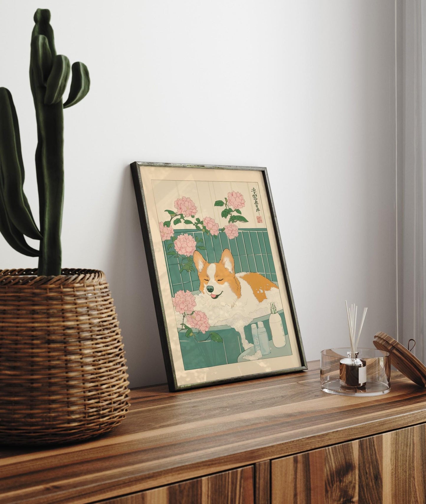 Corgi in Bathtub Art Print: Japanese Ukiyo-e Style Bathroom Decor