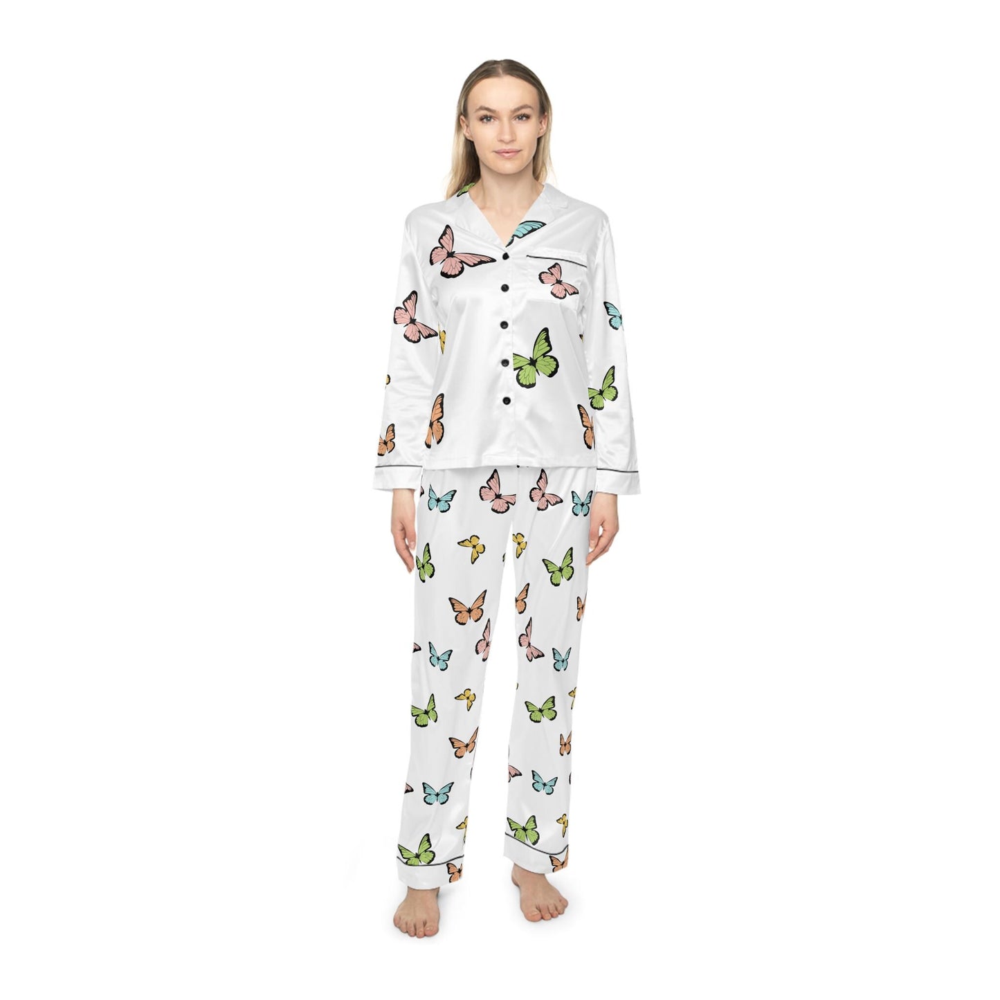 Butterfly Satin Pajamas Set, Women's Nightwear, Butterfly Print Pajama Set, Sleepwear Gift for Her, Satin Sleep Set, Women's Butterfly