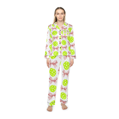 Satin Pajamas with Croquet Ribbon and Pickleballs - Women's Sleepwear Set, Luxury Nightwear, Elegant Loungewear, Stylish PJ Set, Soft Satin