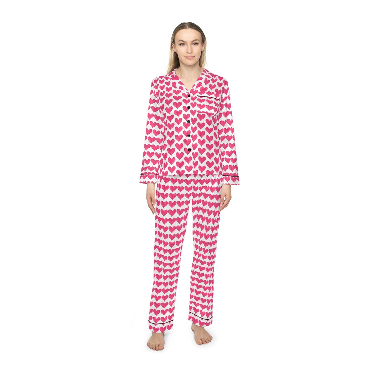 Heart Print Satin Pajamas, Red Heart PJs, Cute Women's Sleepwear, Valentine's Day Gift, Romantic Nightwear