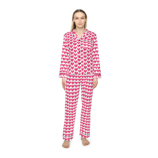Heart Print Satin Pajamas, Red Heart PJs, Cute Women's Sleepwear, Valentine's Day Gift, Romantic Nightwear