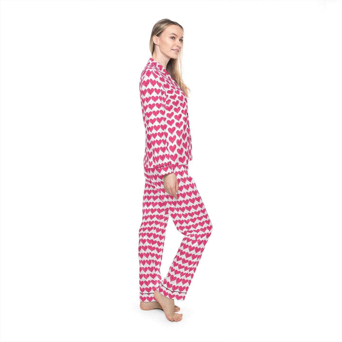 Heart Print Satin Pajamas, Red Heart PJs, Cute Women's Sleepwear, Valentine's Day Gift, Romantic Nightwear