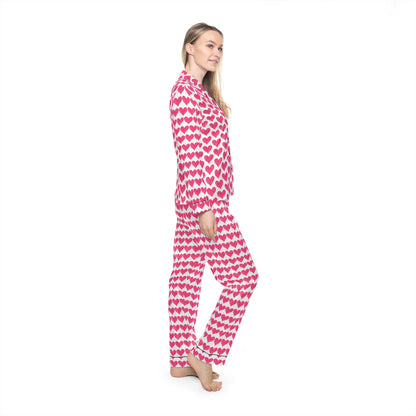 Heart Print Satin Pajamas, Red Heart PJs, Cute Women's Sleepwear, Valentine's Day Gift, Romantic Nightwear