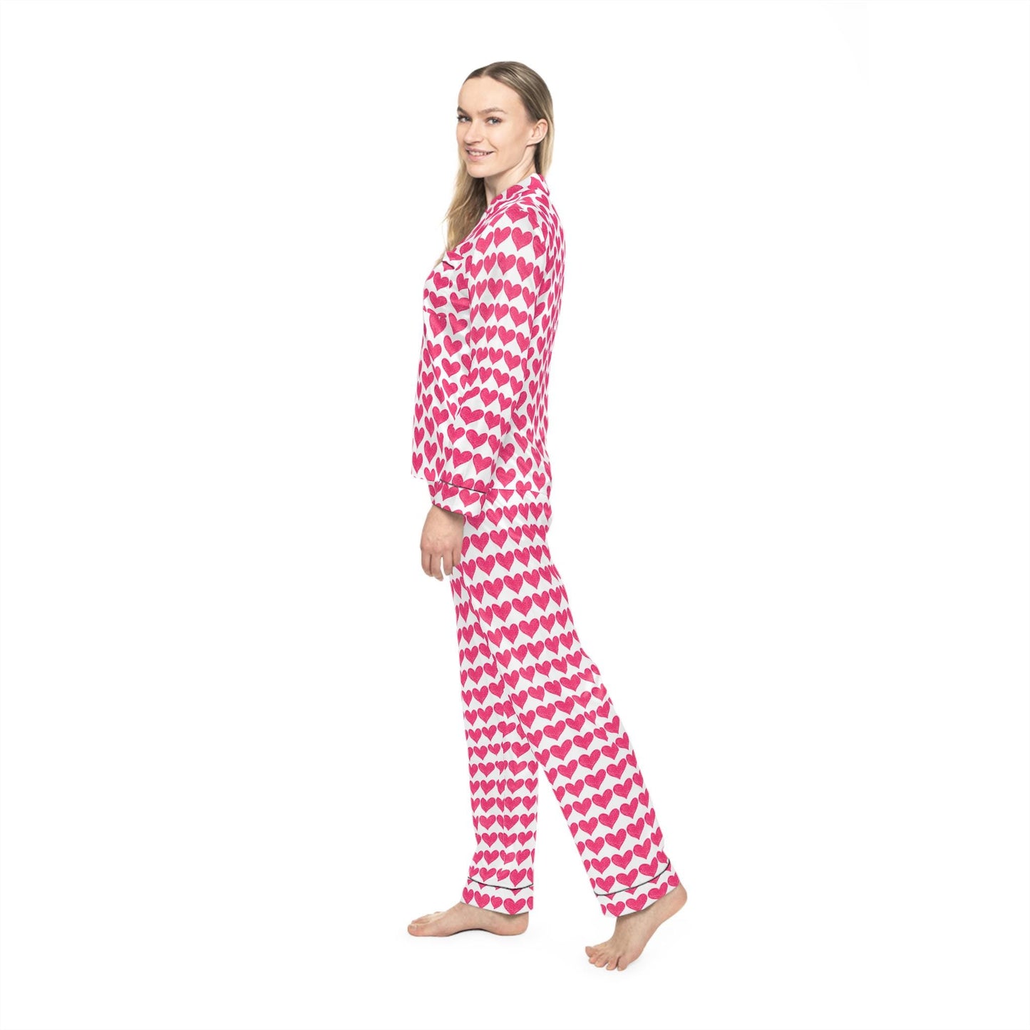 Heart Print Satin Pajamas, Red Heart PJs, Cute Women's Sleepwear, Valentine's Day Gift, Romantic Nightwear