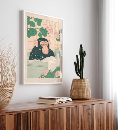 Funny Monkey Bathroom Print: Ukiyo-e Style Animal Art Poster