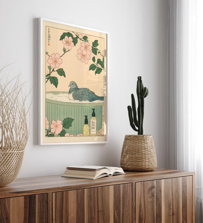 Pigeon in Bathtub Art Print: Japanese Bird Wall Art