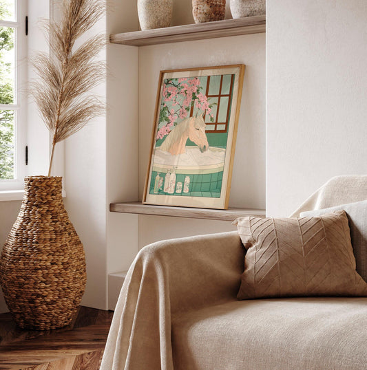 Ukiyo-e Horse Bathroom Print: Japanese Minimalist Wall Art